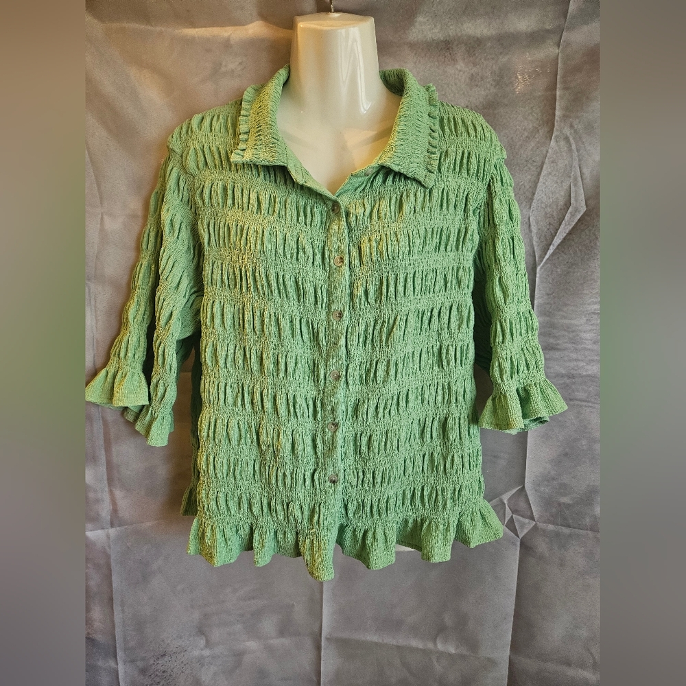 Anthropologie Light Green Textured Button-Up Blouse